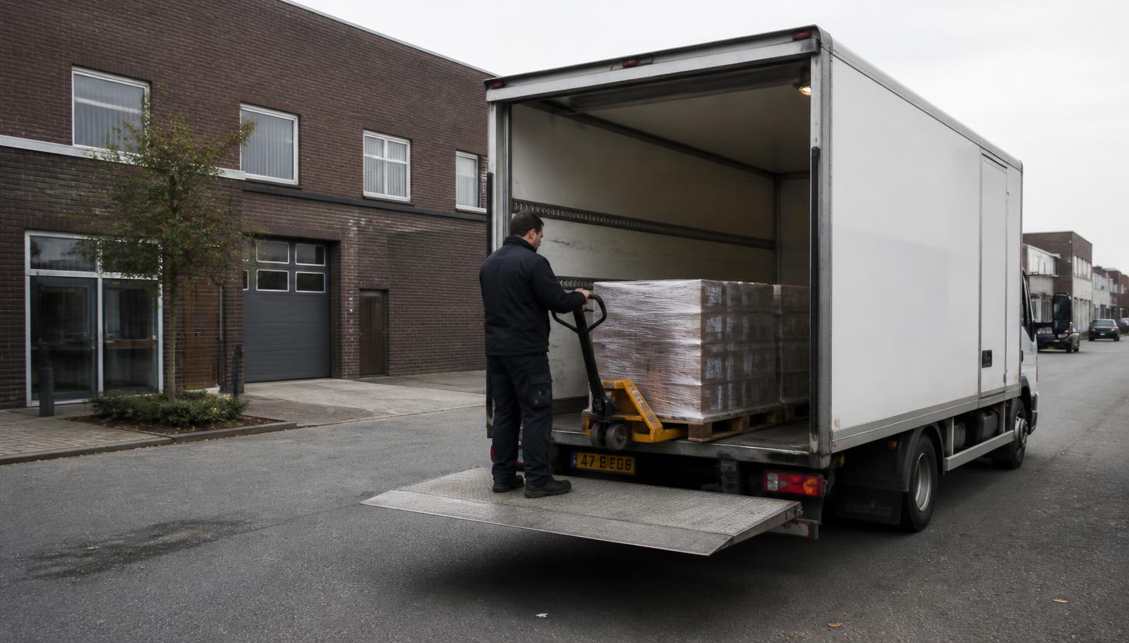 Chauffeur lost een pallet uit de bakwagen met laadklep