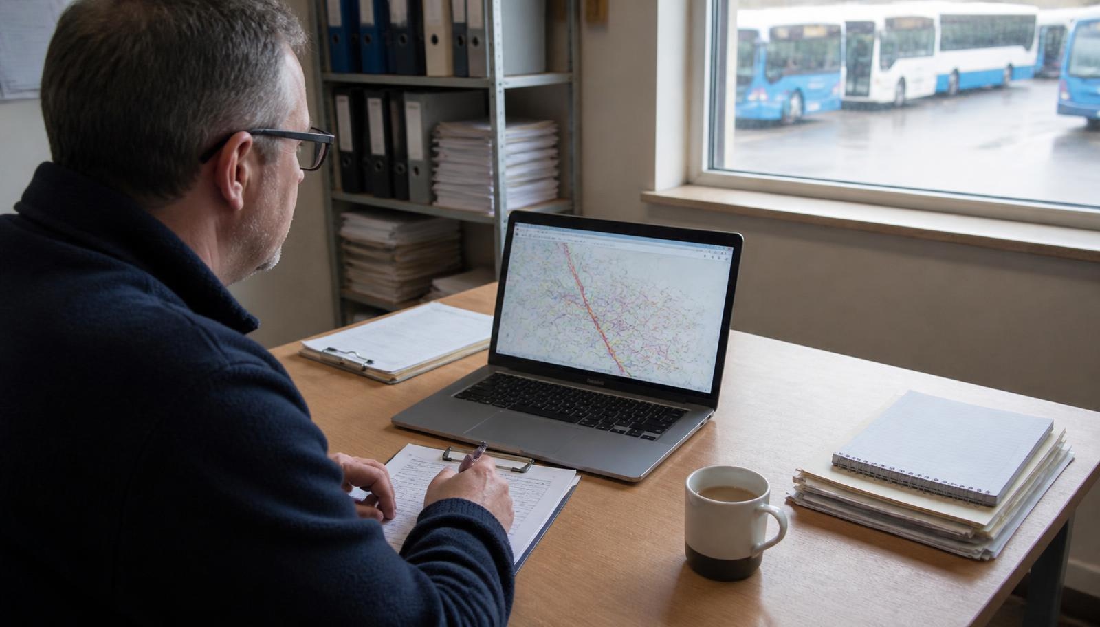 Planner werkt een bezorgroute uit op een laptop