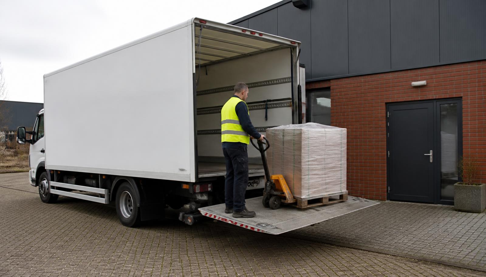 Chauffeur rijdt een pallet van de laadklep van een bakwagen